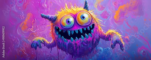 Playful, colorful monster illustration against a purple background in cartoon style.
