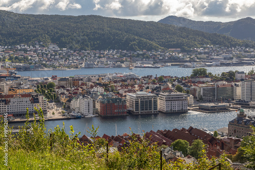 View of the Vågen Bay Harbor of Bergen and Nordnes Peninsula, Norway from Atop Mount Floyen photo