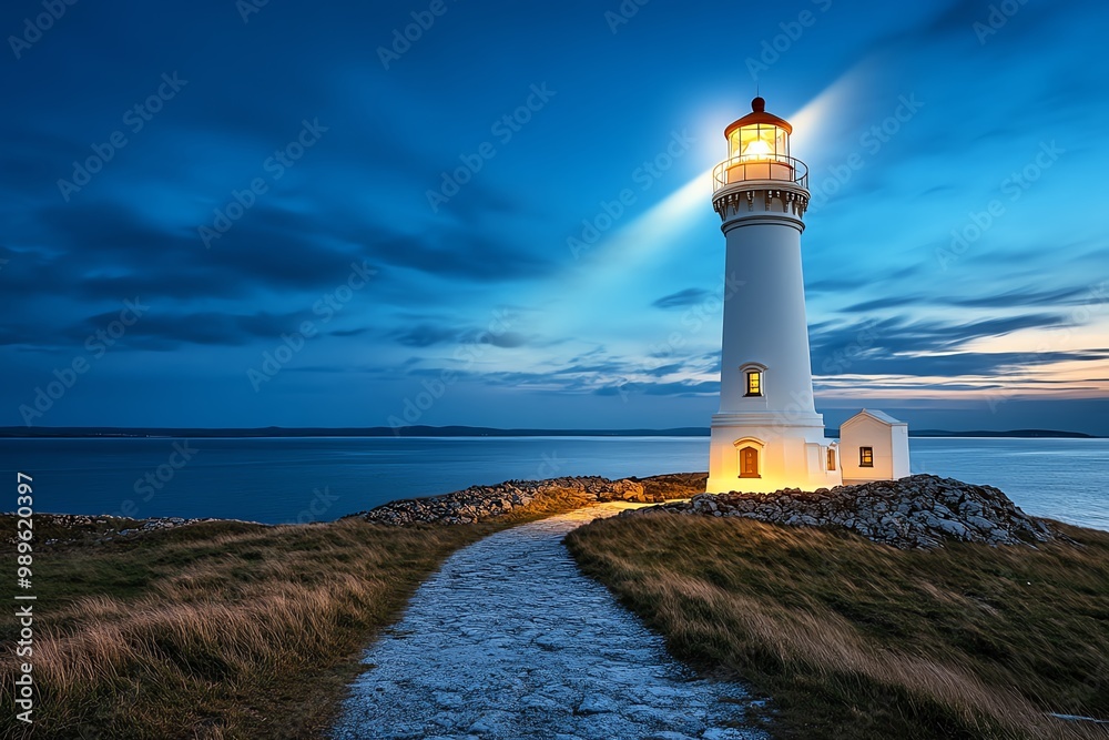 Naklejka premium Vision-focused lighthouse, with clean lines and a glowing beam, representing guidance and foresight