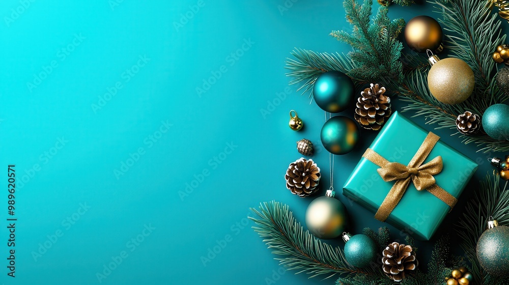 Top-down view of a festive arrangement featuring a teal gift box with a gold ribbon, pine branches, ornaments, and pinecones on a matching teal background with copy space. Holiday gift-giving concept. Top-down view of a festive arrangement featuring a teal gift box with a gold ribbon, pine branches, ornaments, and pinecones on a matching teal background with copy space. Holiday gift-giving concept.