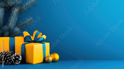 Christmas scene featuring yellow gift boxes with blue ribbons, pine branches, pinecones, and gold ornaments against a solid blue background, offering ample copy space. photo