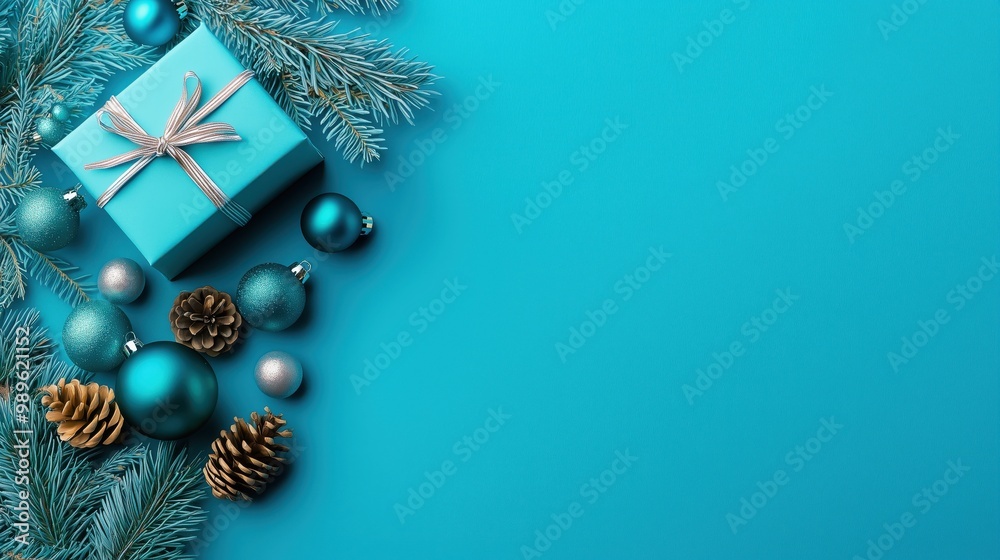 Turquoise Christmas gift with silver ribbon, surrounded by matching ornaments, pinecones, and evergreen branches, set against a bright blue background with copy space. Turquoise Christmas gift with silver ribbon, surrounded by matching ornaments, pinecones, and evergreen branches, set against a bright blue background with copy space.