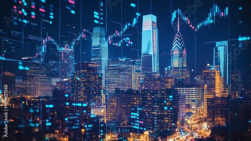Wallpaper Mural City skyline at night with digital financial data overlay in a bustling urban landscape showcasing technology and commerce Torontodigital.ca