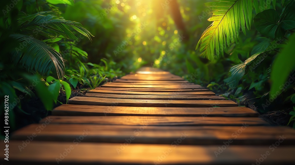 Fototapeta premium Wooden walkway, pathway in the tropical garden with sunlight. Nature background