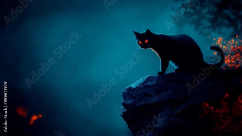 A Black Cat with Glowing Eyes Perched on a Rock at Night