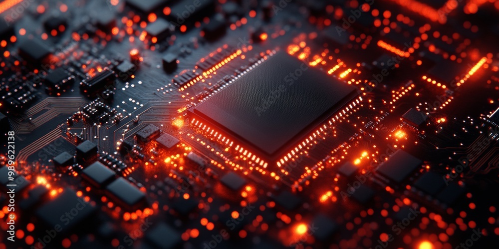 Intricate Microchip Design, showcasing detailed textures against a backdrop of softly blended abstract technology patterns