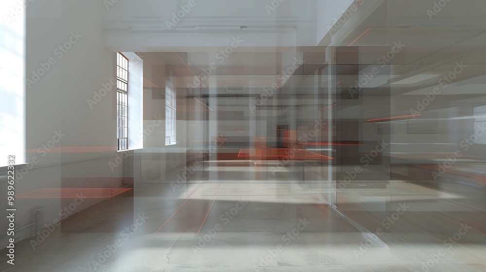 Blurry wideangle view of minimalist office floor with motion capture creating the illusion of floating desks and chairs in a dreamlike space Blurry wideangle view of minimalist office floor with motion capture creating the illusion of floating desks and chairs in a dreamlike space