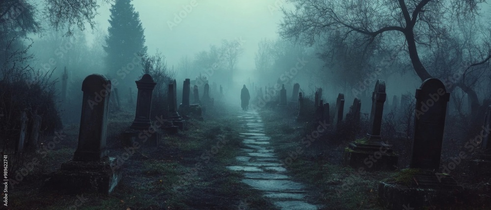 A lone figure walks along a stone path in a foggy cemetery. A lone figure walks along a stone path in a foggy cemetery.