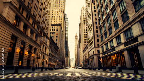 A financial district in an American city with skyscrapers towering yet the streets are eerily quiet.