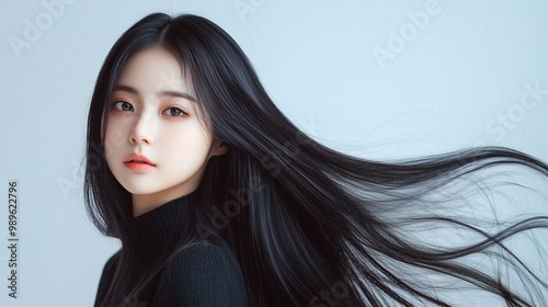 Korean girl with long shiny hair on a white background, shampoo advertising