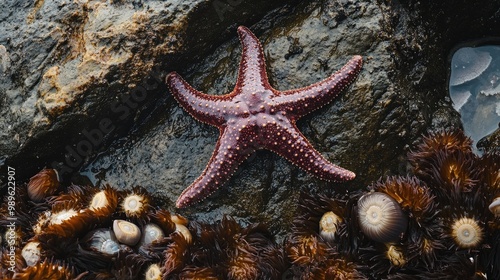 A close-up of a starfish resting on a rock, with barnacles and sea anemones nearby, illustrating the intricate relationships in a coastal ecosystem. photo