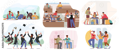 University Students Engaged In Various Activities Including Studying, Attending Lectures, And Celebrating Graduation