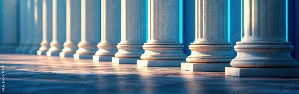 Blue columns in classic architecture with gray walls and shadows Blue columns in classic architecture with gray walls and shadows