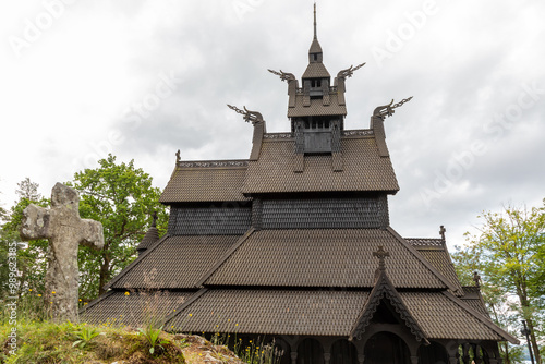 Roof of Fantoft Stavekirke  Stave Church in Bergen Norway on a Cloudy Summer Day photo