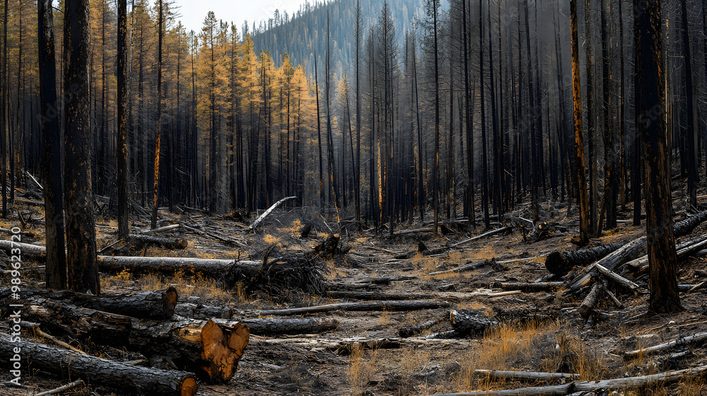 A forest ravaged by a pine beetle infestation dead and fallen trees scattered around. A forest ravaged by a pine beetle infestation dead and fallen trees scattered around.