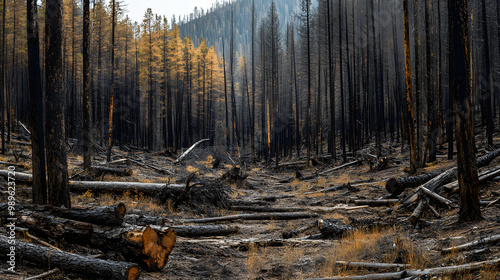 Fototapeta Naklejka Na Ścianę i Meble -  A forest ravaged by a pine beetle infestation dead and fallen trees scattered around.