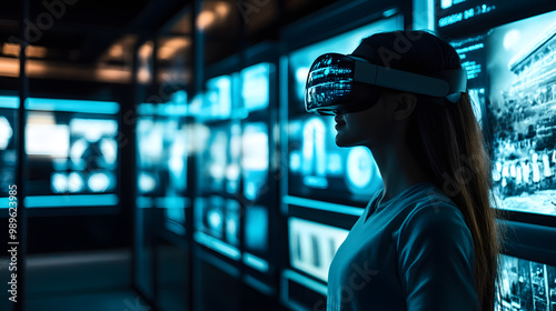 A futuristic museum with exhibits that visitors can interact with using augmented reality glasses bringing ancient artifacts to life. photo