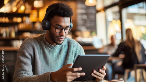 A young professional using a tablet in a cafe.