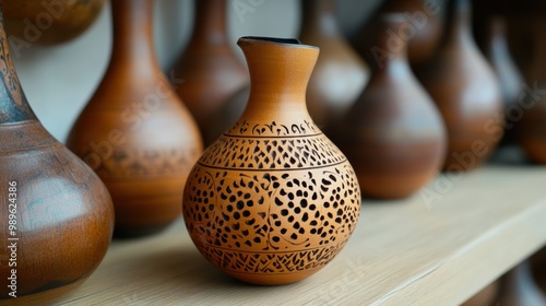 A vase with a design on the side sitting next to other similar looking vases, AI photo