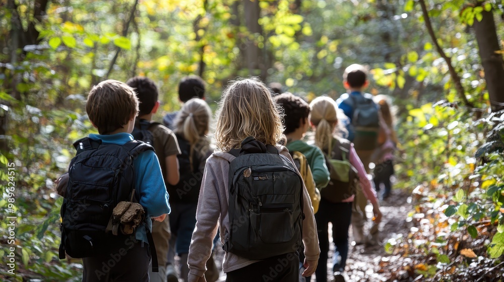 Children enthusiastically learn about the environment while exploring a forest trail with a guide Children enthusiastically learn about the environment while exploring a forest trail with a guide