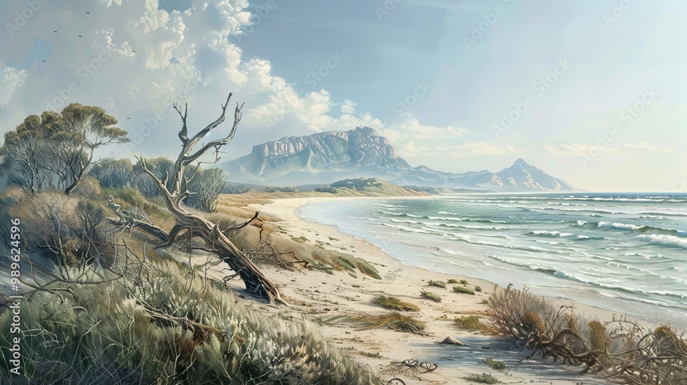 Serene Coastal Landscape with Driftwood and Mountains Serene Coastal Landscape with Driftwood and Mountains