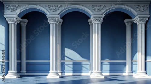 Blue columns in classic architecture with gray walls and shadows