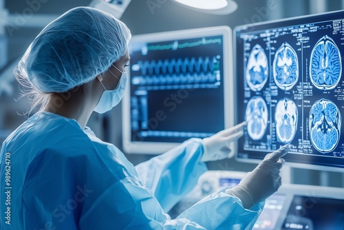 Doctor Reviewing Advanced Brain Scans on Digital Screen in High-Tech Medical Facility - Generative AI