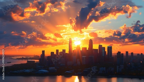 Warm sunset illuminating the vibrant city skyline