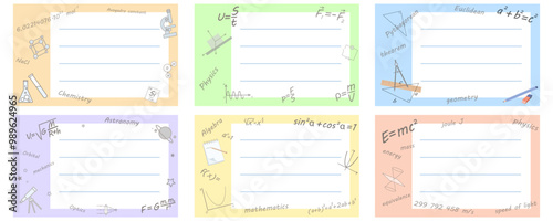 Set of colorful notebook name stickers with different science elements and formulas. Vector illustration for school supplies. Labels.