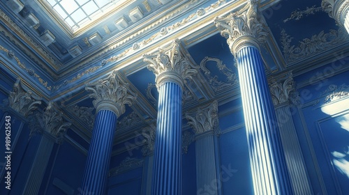 Blue columns in classic architecture with gray walls and shadows