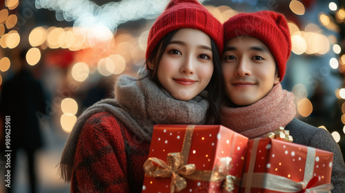 Cheerful Asian couple in winter clothing holding Christmas gifts, festive outdoor setting with bokeh lights.