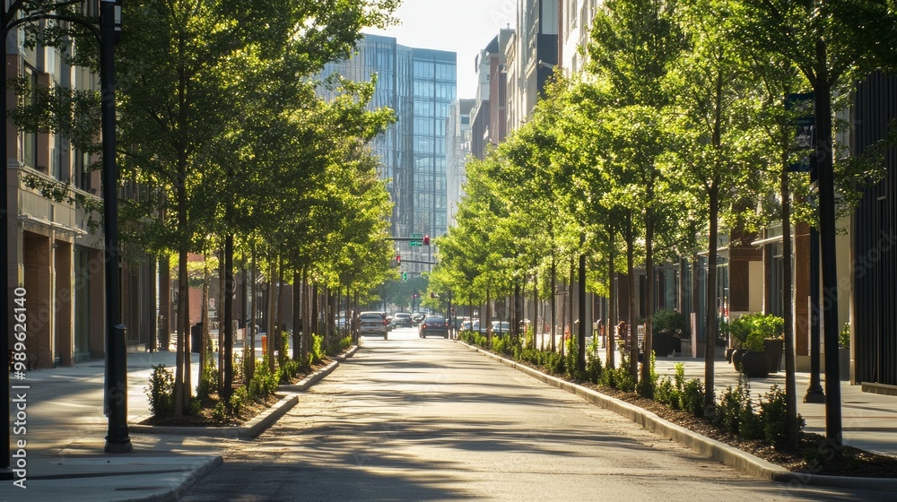 A street in the city with recently planted trees A street in the city with recently planted trees