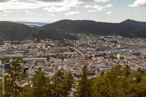 View of the City and Mountains surrounding Bergen Norway from Atop Mount Fløyen at the Fløibanen Funicular Station