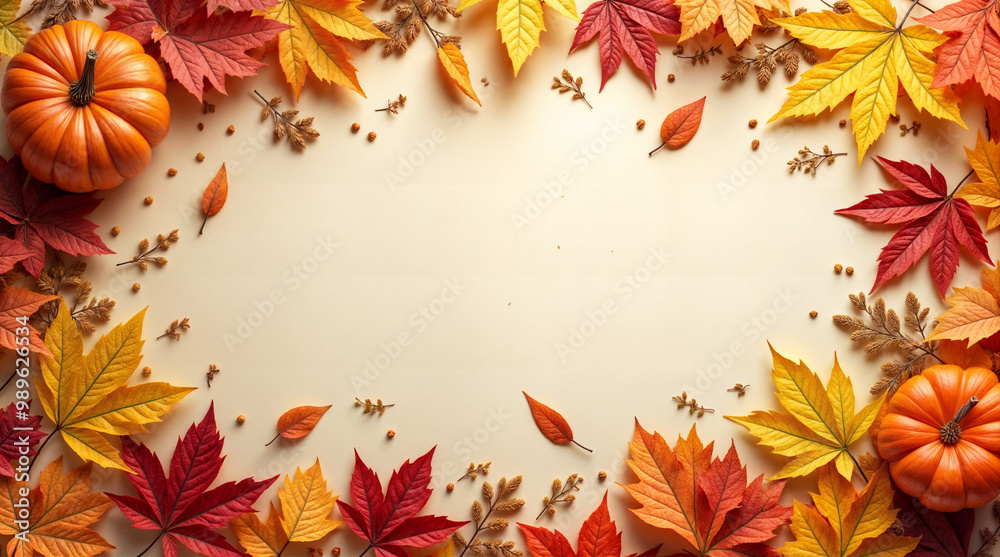 Autumn Background with Colorful Fall Leaves and Pumpkins - Festive Thanksgiving Border for Seasonal Decorations and Fall-Themed Designs Autumn Background with Colorful Fall Leaves and Pumpkins - Festive Thanksgiving Border for Seasonal Decorations and Fall-Themed Designs