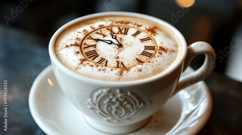 A delicious cup of cappuccino with a cleverly designed cinnamon clock design on the smooth milk foam photo