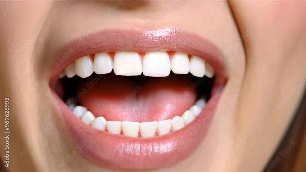 Close-up of a smiling woman with perfect white teeth, in a natural setting. Focus on dental health and beauty. Concept of oral hygiene and confidence Close-up of a smiling woman with perfect white teeth, in a natural setting. Focus on dental health and beauty. Concept of oral hygiene and confidence