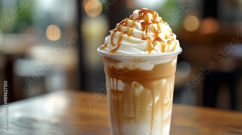 A delightfully creamy whipped cream topped iced caramel latte, dripping with rich caramel sauce, ideal for a sweet treat photo