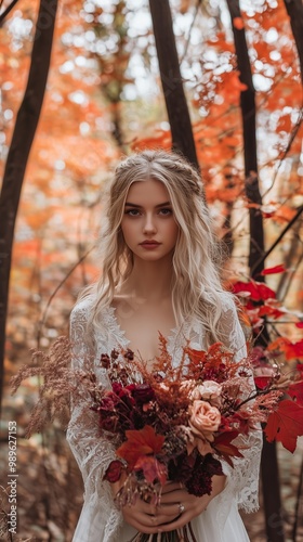 A bride holding a vibrant bouquet stands in a forest with autumn foliage, capturing the essence of fall on a serene day