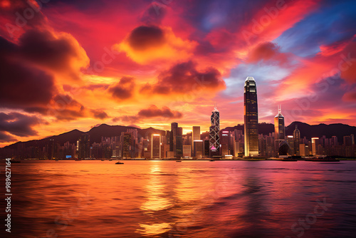 Vibrant Twilight Sky Over Bustling Hong Kong Harbour: A Showcase of Architectural Magnificence and Commerce