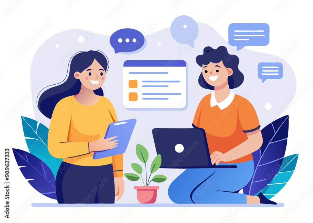 Two Women Talking, Simple Modern UX/UI Style, Female Communication and Interaction Vector Art Two Women Talking, Simple Modern UX/UI Style, Female Communication and Interaction Vector Art
