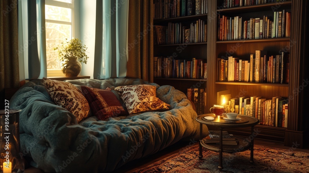 A cozy reading corner featuring a soft sofa next to a bookshelf, with warm lighting and a cup of tea on a side table, inviting a peaceful escape. A cozy reading corner featuring a soft sofa next to a bookshelf, with warm lighting and a cup of tea on a side table, inviting a peaceful escape.