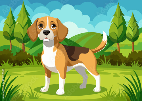 Beagle on Grass, Medium-Sized Dog in Outdoor Natural Setting Vector Art