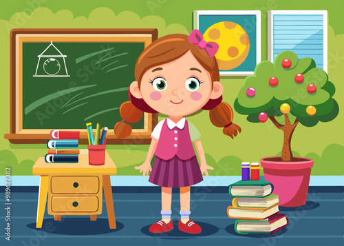 Girl Next to Schoolboard, Educational and Learning Concept Vector Illustration