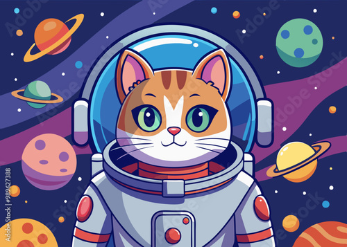 Cat Astronaut, Space Exploration and Feline Adventure Vector Illustration