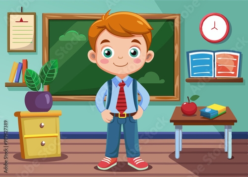 Boy Next to Schoolboard, Education and Learning Concept Vector Illustration