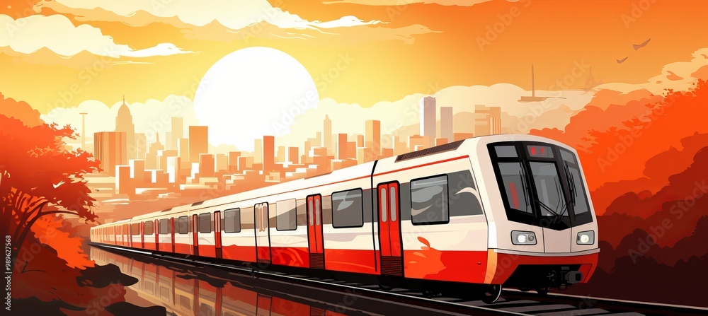 Obraz premium Urban train journey at sunset with a vibrant skyline reflecting on the water