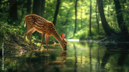 A deer drinking from a clear forest stream, its reflection shimmering in the water, with dense greenery surrounding the peaceful scene.