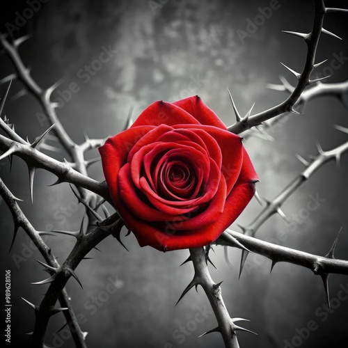 Striking red rose surrounded by sharp thorns in a monochrome background. Generative AI