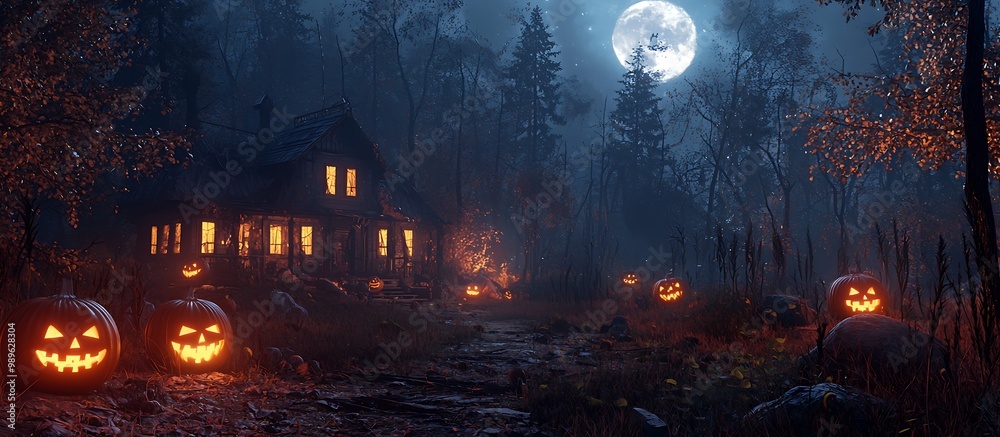Shadowy moonlit forest with glowing pumpkins and haunted house setting a spooky tone. Shadowy moonlit forest with glowing pumpkins and haunted house setting a spooky tone.