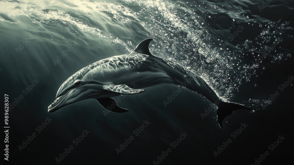 Fototapeta premium A dolphin diving gracefully beneath the waves, with a shimmering trail of bubbles following behind, emphasizing the elegance of its movements.